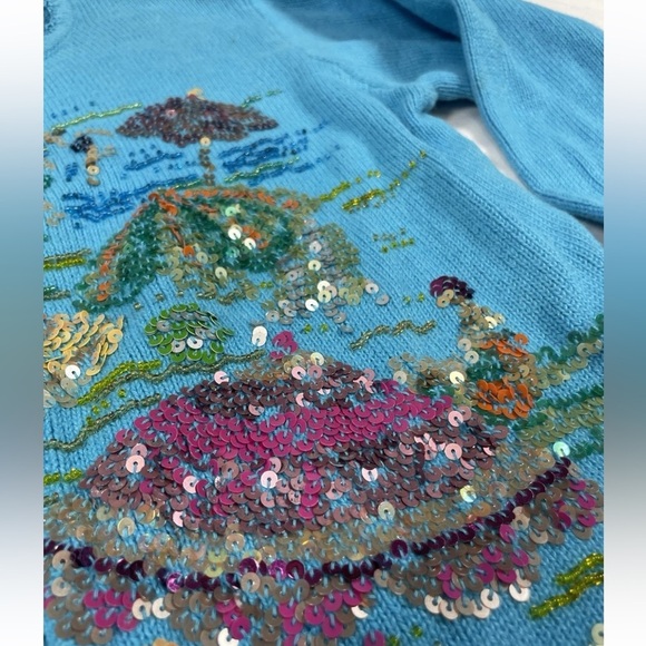 Quacker Factory Embellished Cardigan Sweater XS Sequin Beads Beach Umbrella BLUE - Picture 11 of 16